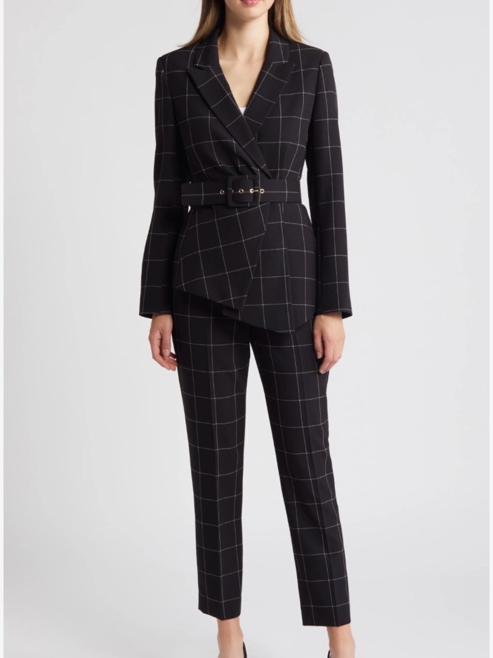 Tahari ASL Windowpane Belted Jacket & Pant Suit Black & White